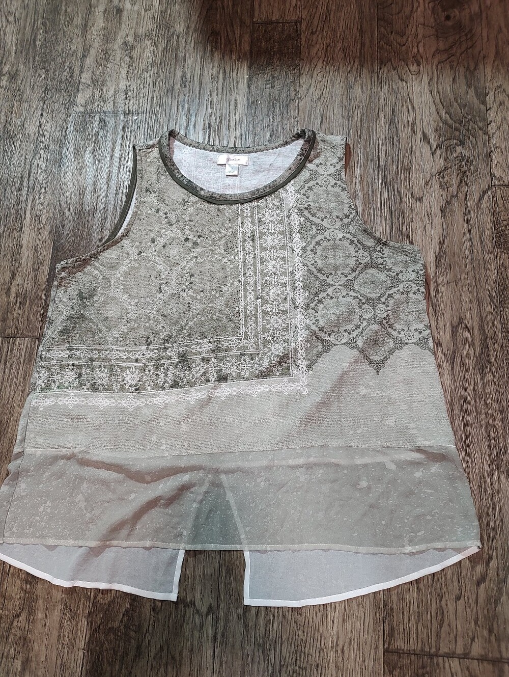 CJ Banks Olive Printed Sleeveless Tank with Sheer Hem Rhinestones Plus Size 1XL